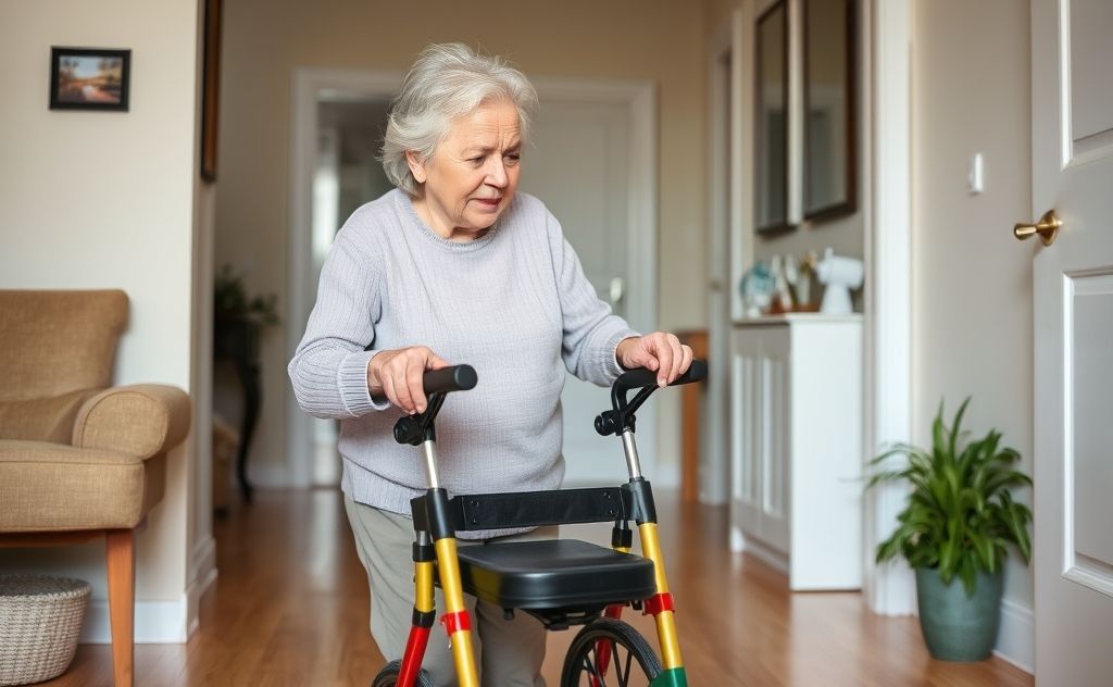An elderly person using a mobility aid to navigate a home environment.