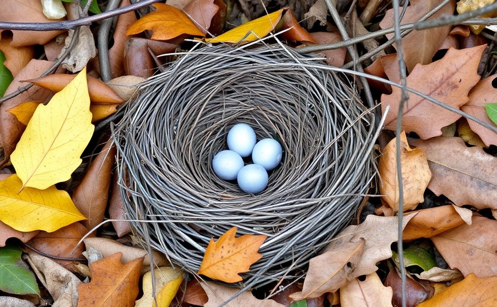 An empty bird nest surrounded by fallen leaves and twigs.