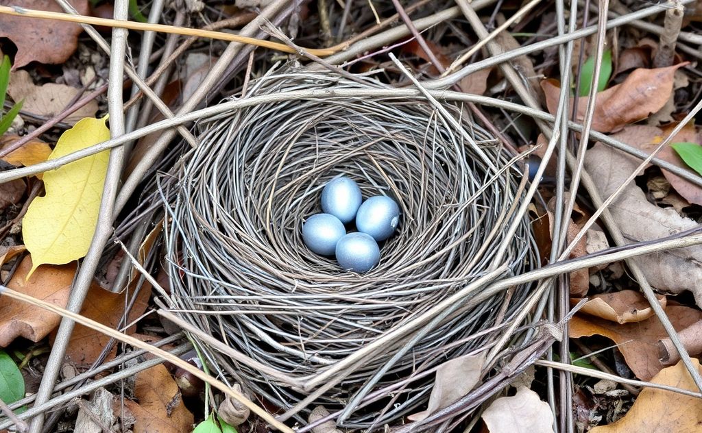 An empty bird nest surrounded by fallen twigs and leaves.