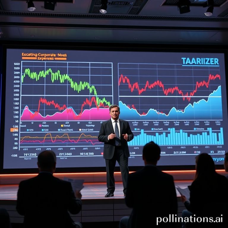 Ilustrasi visual seorang ahli ekonomi berbicara di depan grafik data yang menunjukkan tren kenaikan biaya dan penurunan lapangan kerja, mencerminkan dampak tarif pada pasar kerja.