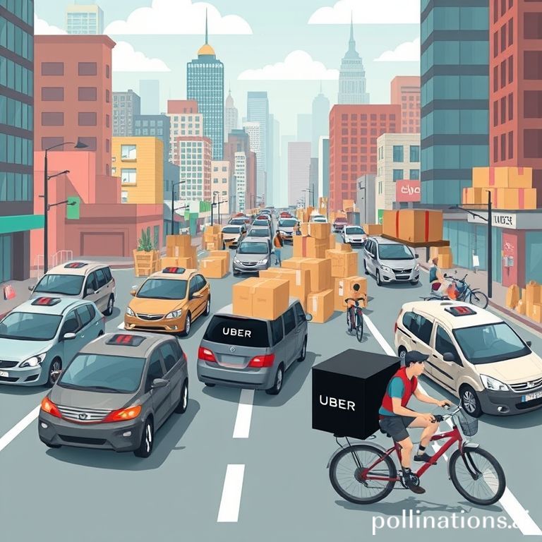 Uber delivery vehicles efficiently transport groceries, electronics, and pet supplies through a bustling city, showcasing rapid expansion in retail delivery.