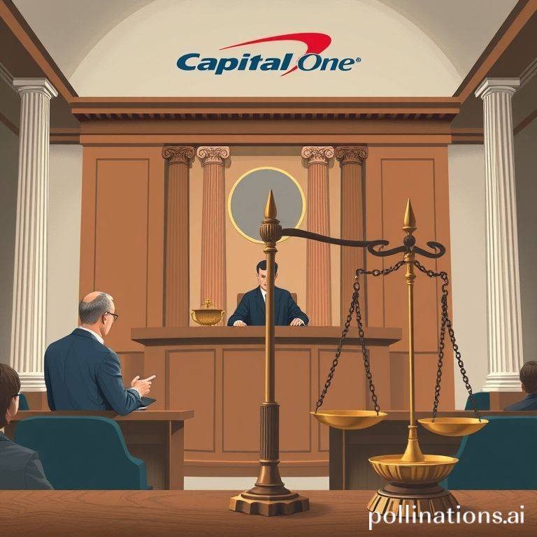 A symbolic illustration of legal proceedings, featuring a judge and lawyers, with a balance scale representing justice for Capital One customers.