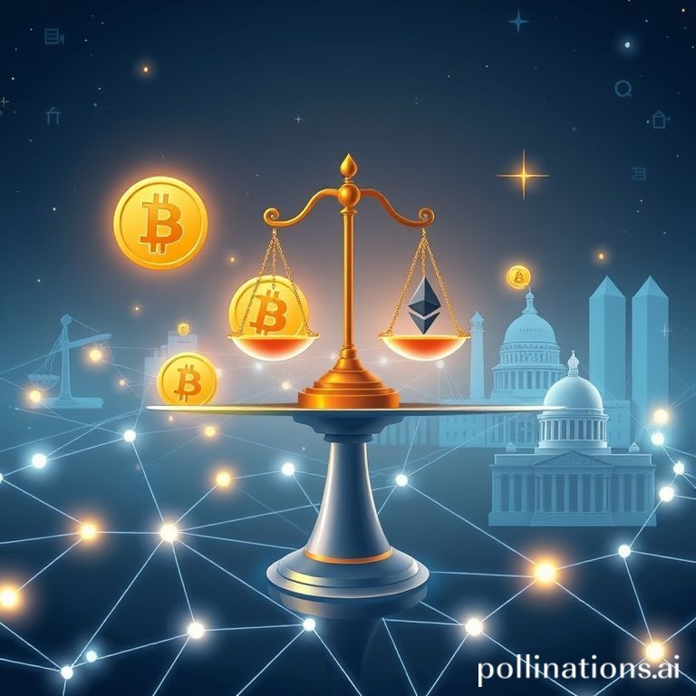 Global crypto regulation illustration: a balance between digital currencies, legal frameworks, Bitcoin, scales of justice, and blockchain.