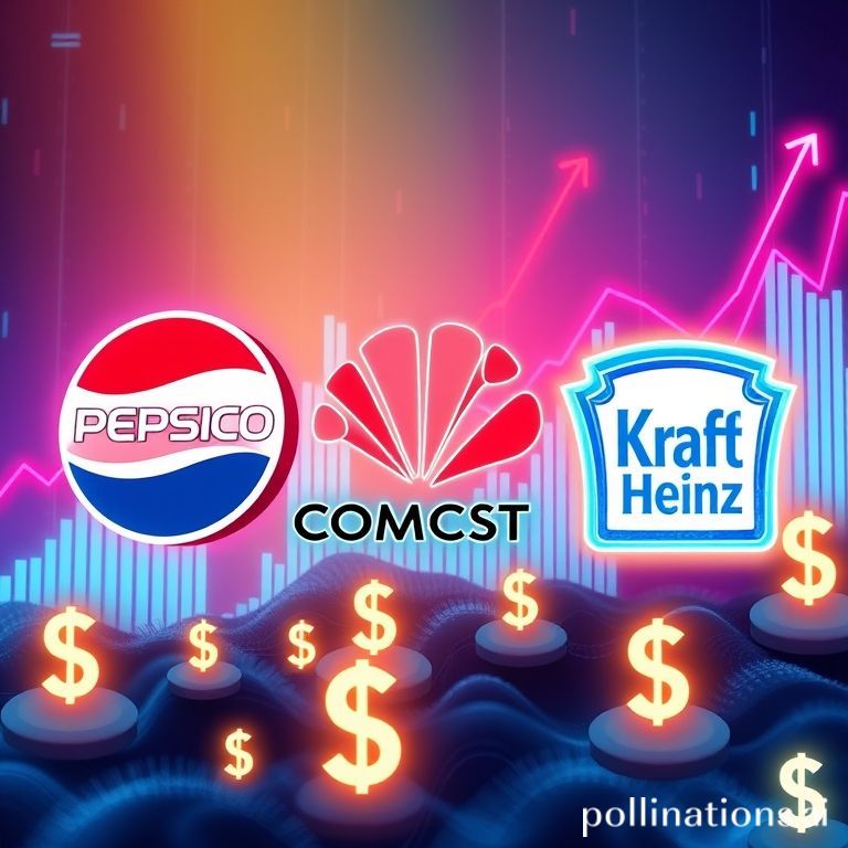 Tiga logo perusahaan (PepsiCo, Comcast, Kraft Heinz) dengan latar belakang grafik saham yang naik, melambangkan dividen dan potensi pertumbuhan.