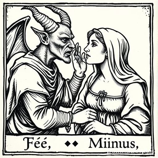 An illustration in the style of a medieval woodcut, showing a demon whispering into a woman's ear, with the Latin words 'Fe' and 'Minus' engraved below her.