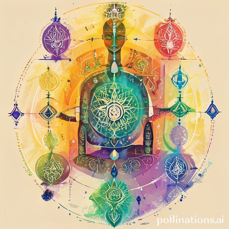 Renklerle ve sembollerle temsil edilen yedi çakra çizimi.