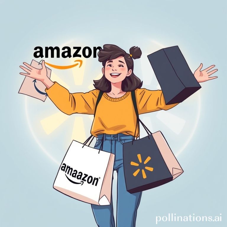 A millennial consumer confidently carrying shopping bags from both Amazon and Walmart, symbolizing smart, dual subscription use for maximizing savings and convenience.