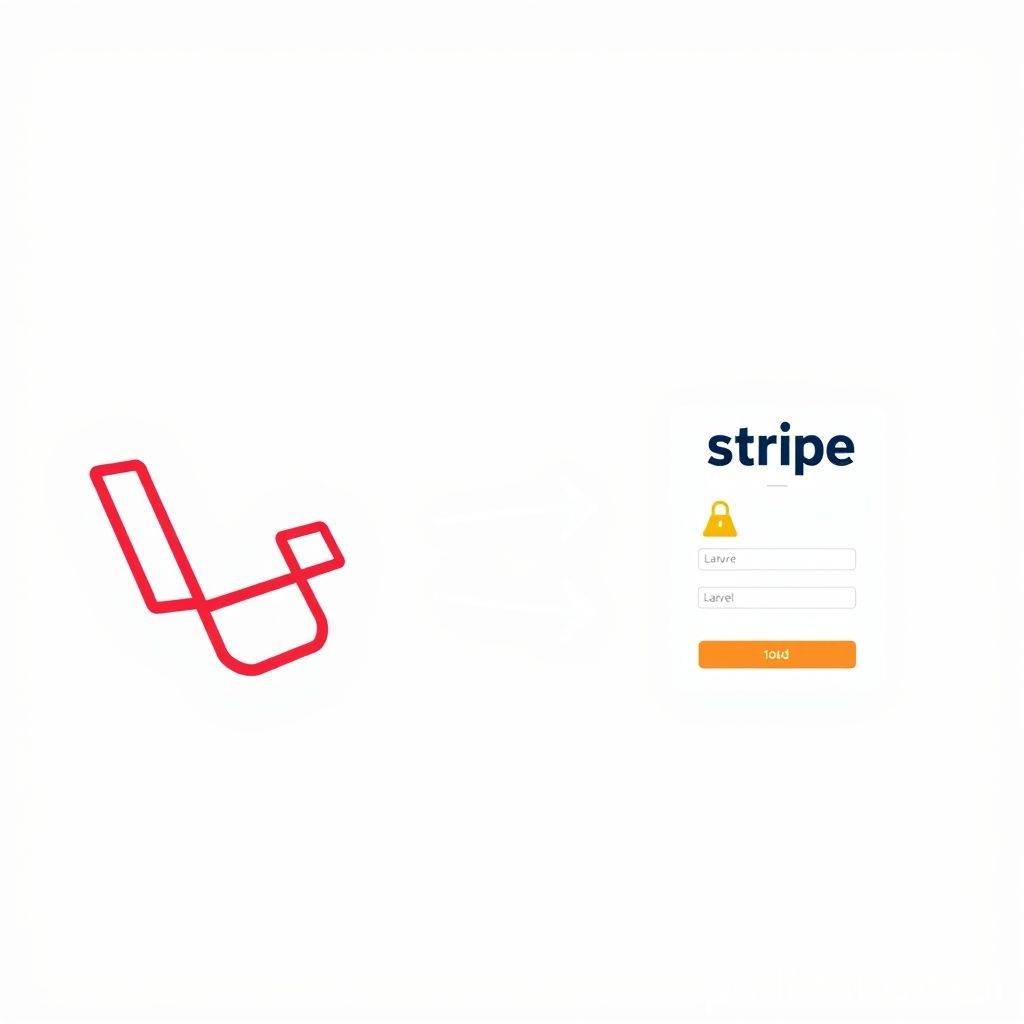 An illustration showing the integration of Stripe payment gateway with a Laravel application. On one side, the Laravel logo and code snippets; on the other, the Stripe logo and a secure payment form with a credit card icon. Arrows connect them, symbolizing data flow and secure transactions. The background is clean and modern, representing web development.