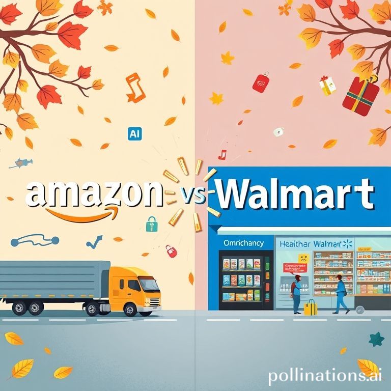 Amazon and Walmart logos in a strategic battle, showcasing logistics and healthcare innovations for fall sales.