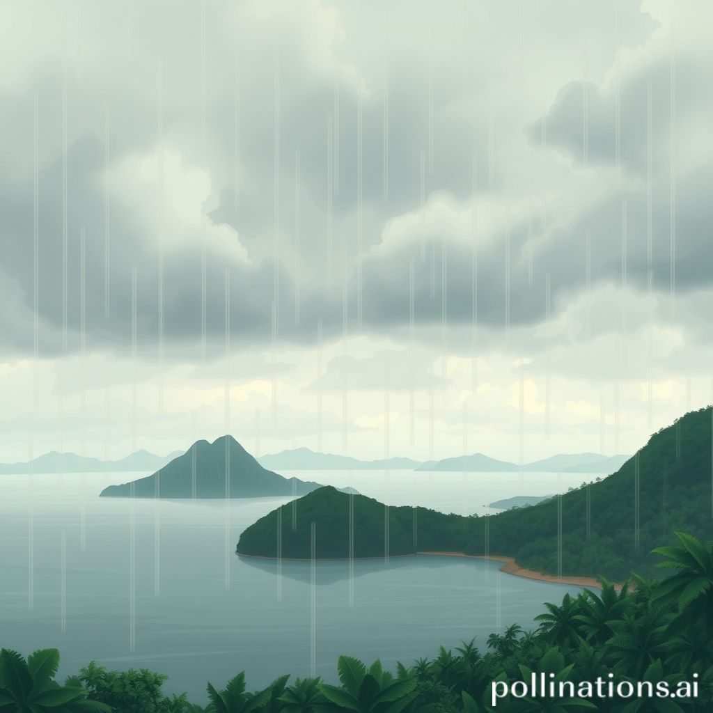 An illustrative image featuring a serene yet slightly muted landscape of Indonesian islands under a sky filled with thick, low-hanging clouds. Light rain is subtly falling, depicted by soft, faint lines. The color palette should evoke a cool, humid atmosphere without being overly dark or gloomy. Elements like lush tropical foliage or a distant coastline could be visible. The overall mood should be informative and calmly watchful.