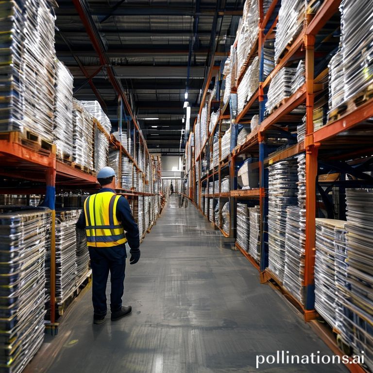 An industrial warehouse setting with an employee in a safety vest inspecting neatly organized pallet rack dividers on a shelf.