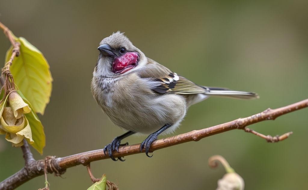 An injured bird perched on a branch surrounded by suitable food items.