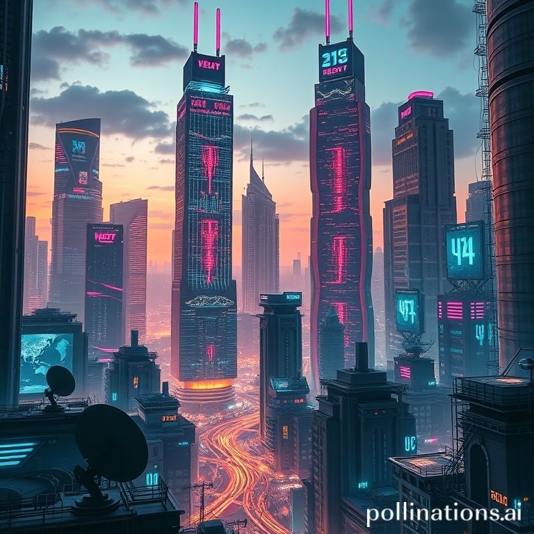 A digital cityscape representing global tech innovation, with intertwined AI networks and infrastructure, overseen by regulatory frameworks.