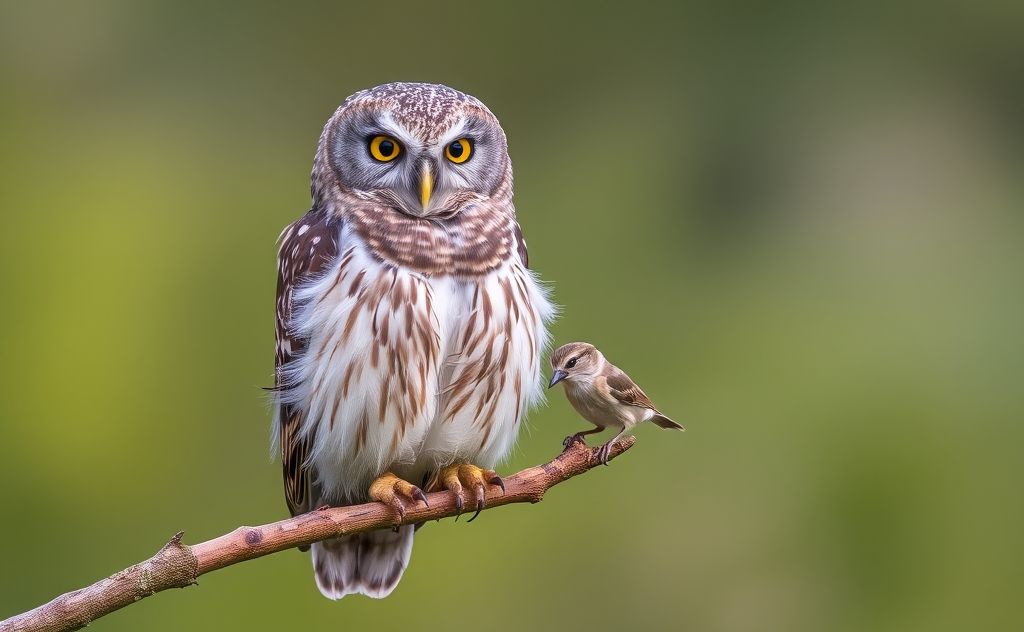 An owl perched on a branch with a small bird in its talons.
