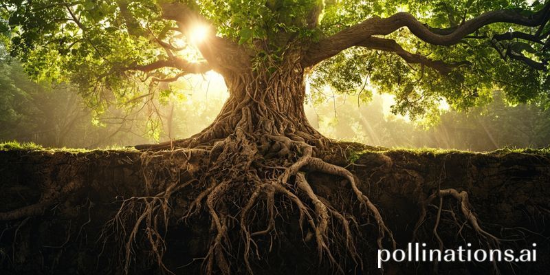 شجرة عتيقة ذات جذور عميقة ومتشابكة ترمز إلى قوة واستمرارية العلاقات البشرية.