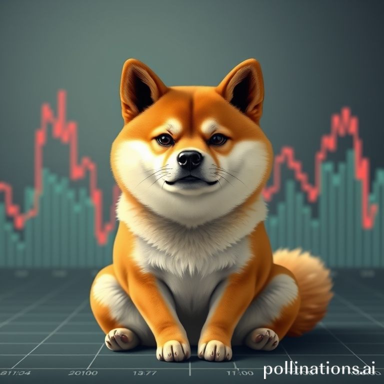 Anjing Shiba Inu yang cemas, melambangkan Dogecoin, menghadapi pasar kripto yang bergejolak dengan tren menurun.