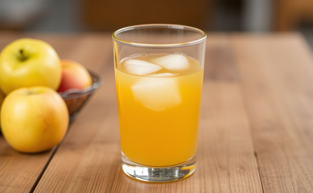 Apple juice in a clear glass on a wooden table
