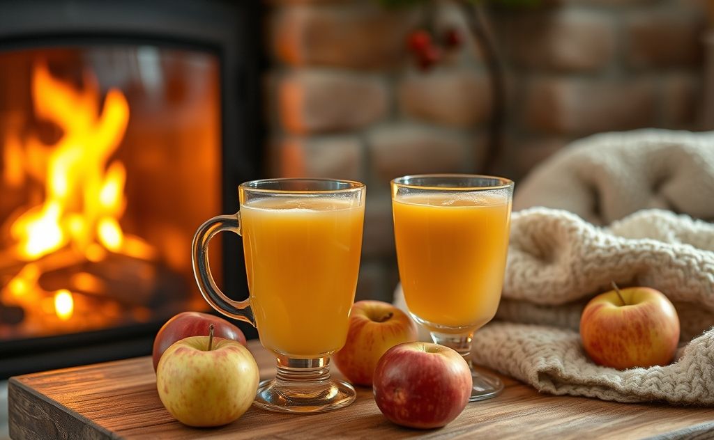 Apple juice in a cozy setting by a fireplace