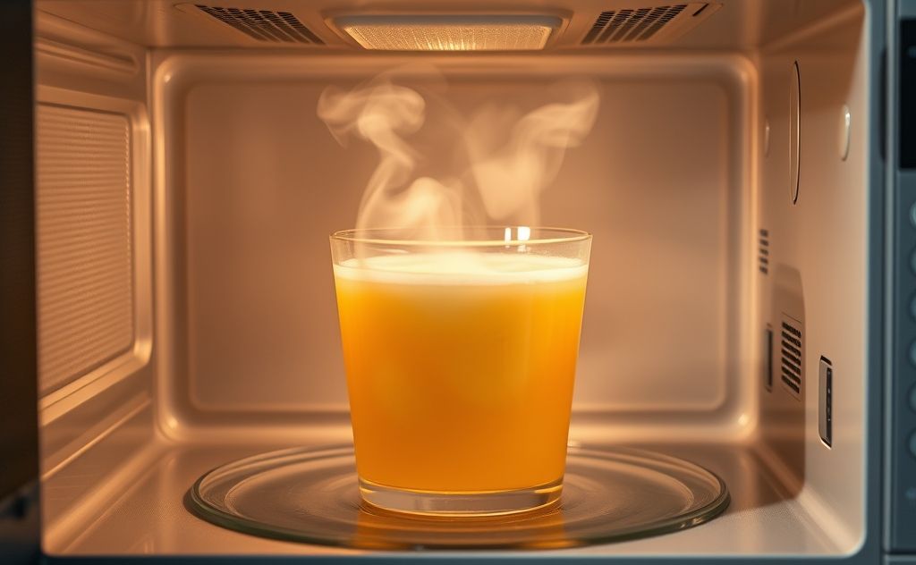 Apple juice in a microwave with steam rising