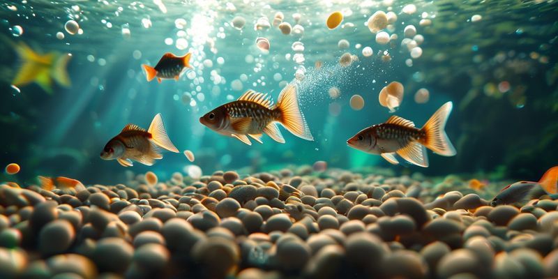 أعلاف حبيبية للحيوانات المائية تطفو وتغوص في الماء، مع أسماك صغيرة تقترب منها، مما يوضح الأنواع المختلفة من الأعلاف وثباتيتها في البيئة المائية.