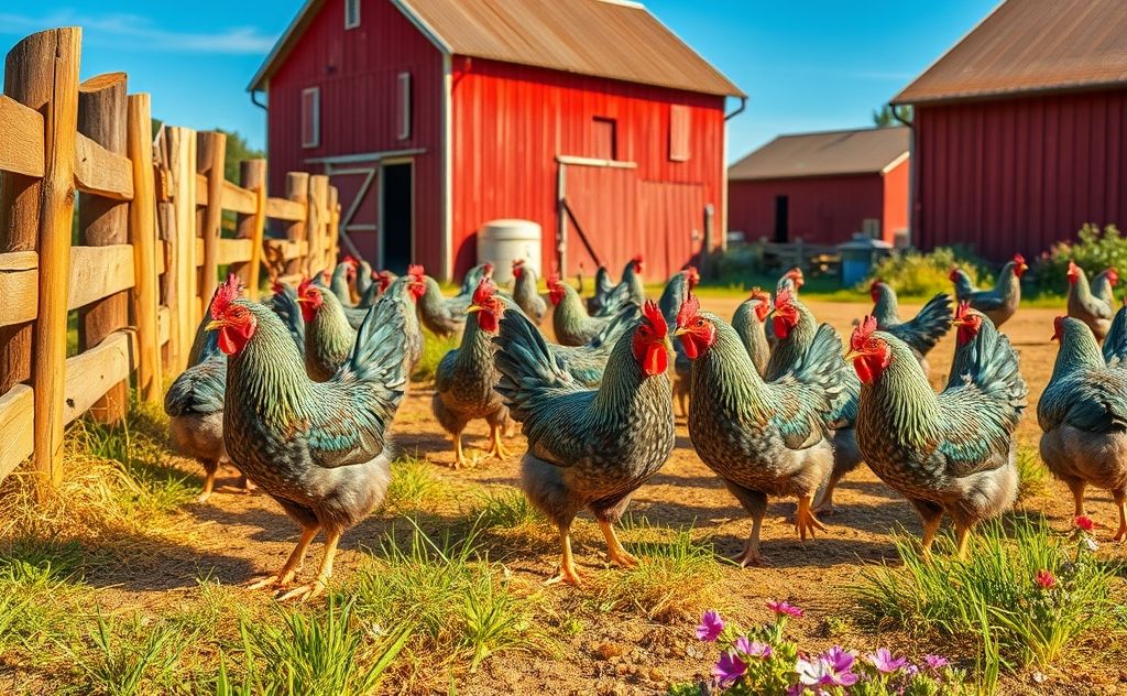 Araucana chickens thriving in a sunny farmyard