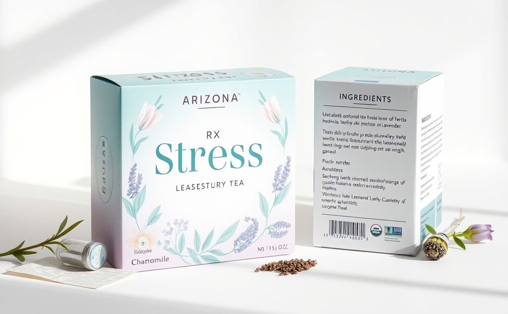 Arizona Rx Stress Tea packaging and ingredients