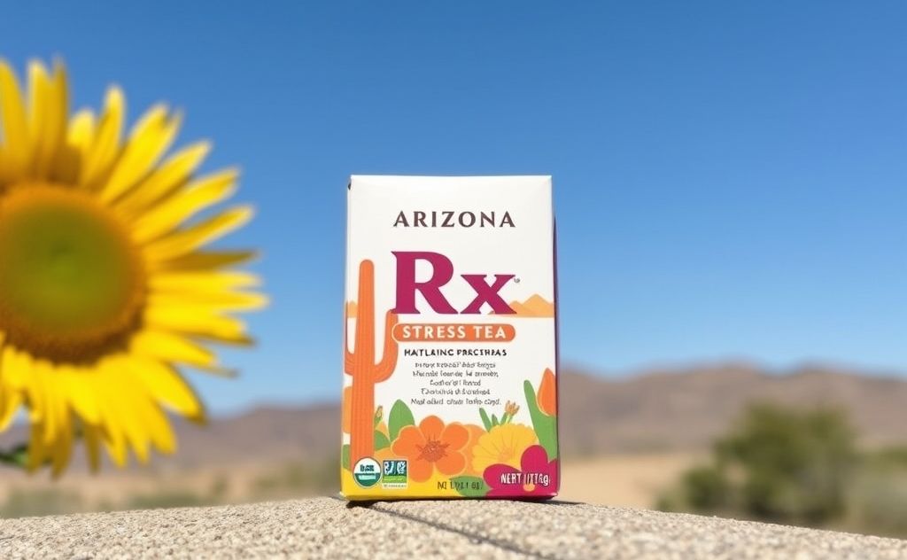 Arizona Rx Stress Tea packaging on a sunny background