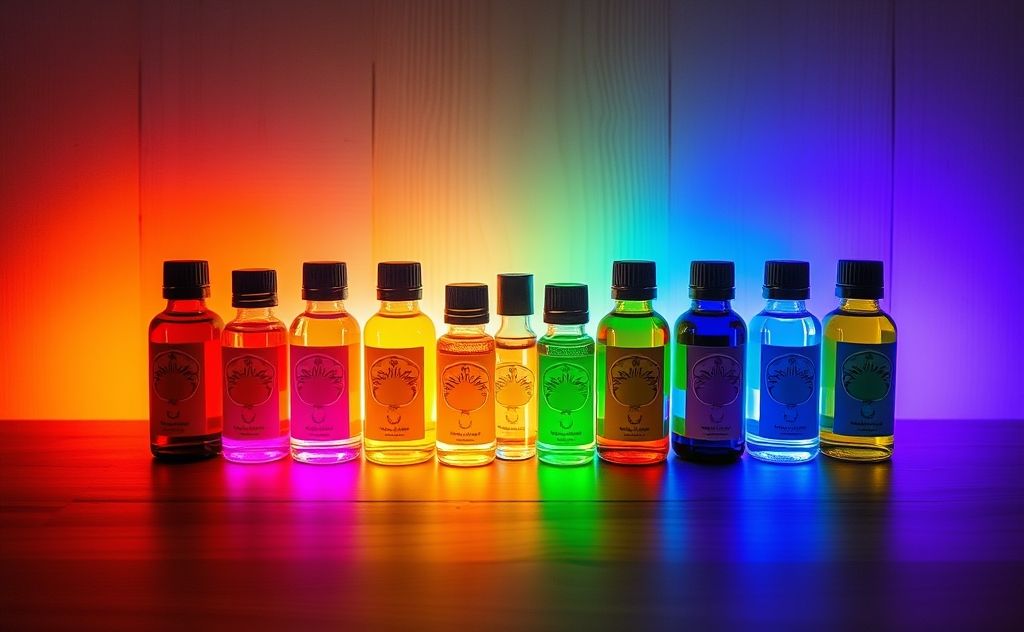 Aromatic essential oils arranged by vibrant chakra colors.