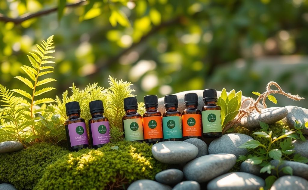 Aromatic essential oils surrounded by calming nature elements.