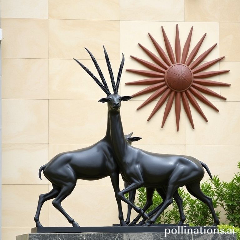 Escultura Art D&eacute;co de gazelas estilizadas ao lado de um motivo de raios de sol.