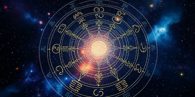 Birbirine bağlı burç sembolleri ve gezegen simgeleri içeren astroloji haritası, uhrevi bir parlama