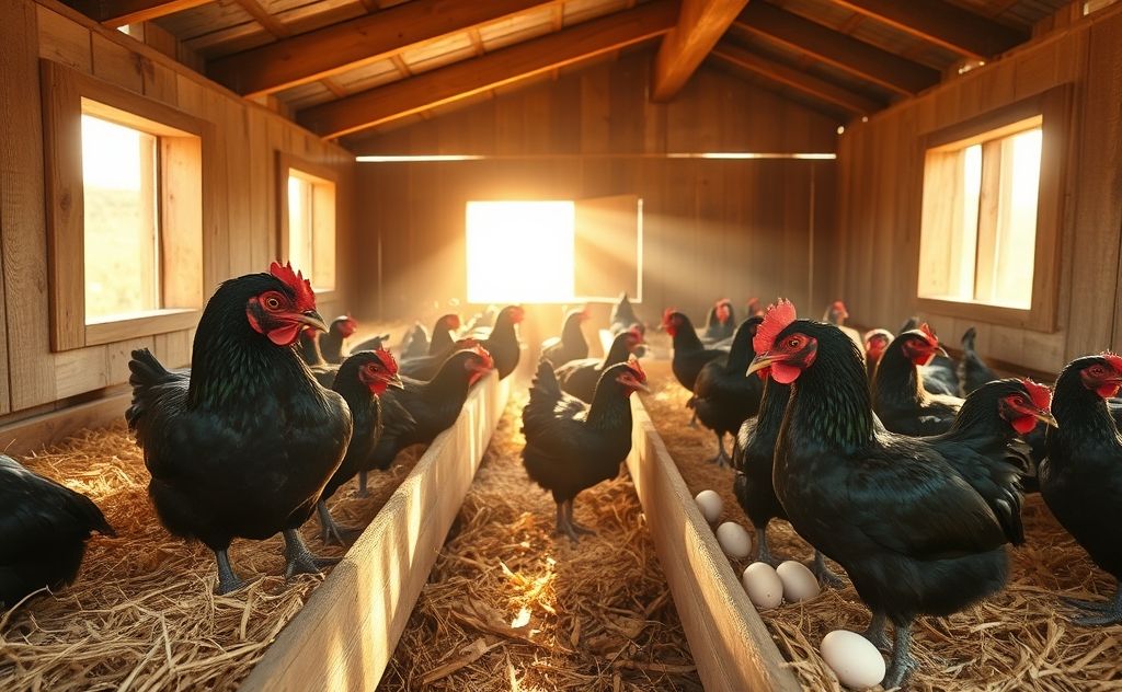 Australorp chickens laying eggs in a sunny coop
