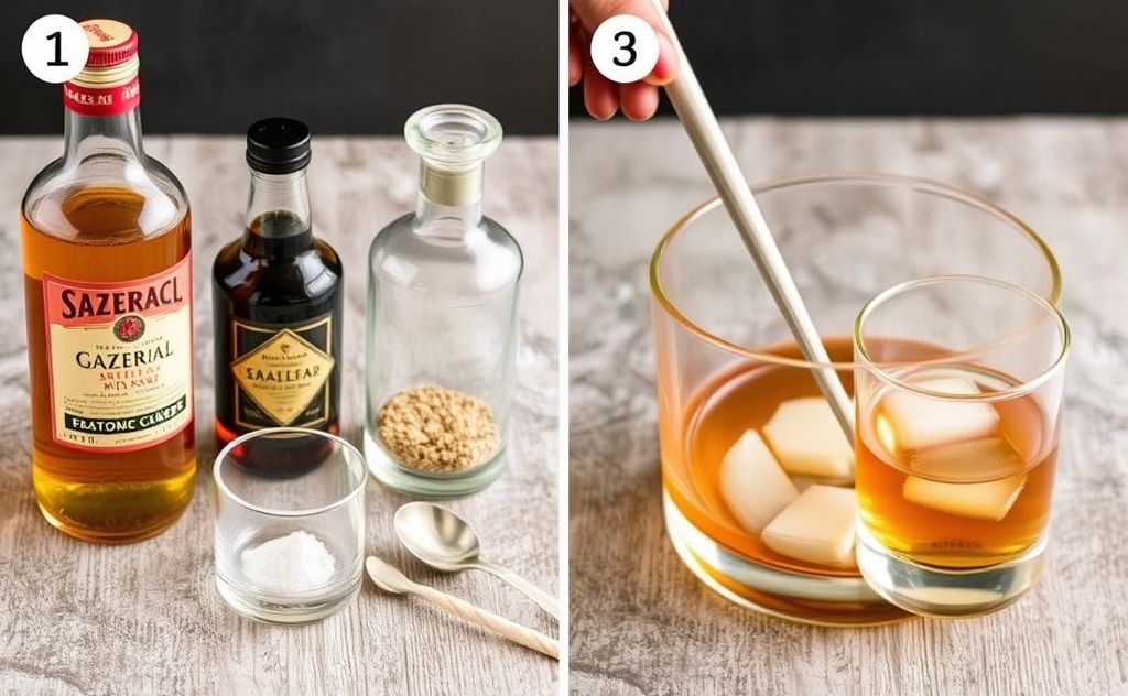 Authentic Sazerac drink ingredients and steps