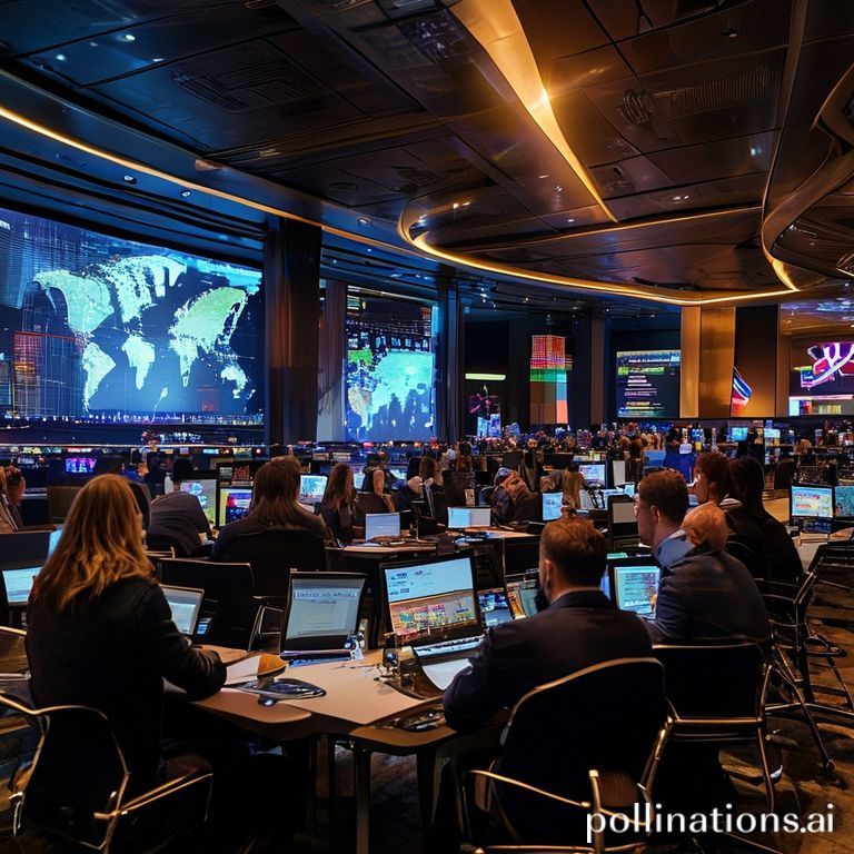Negotiators review AI-driven dashboards simulating treaty outcomes and security risks in a busy conference center. Authentic Vegas lighting, lived-in workstations, and active screens. Image created with AI.