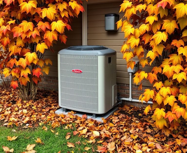 Autumn leaves surround a heat pump installation in a cozy setting.
