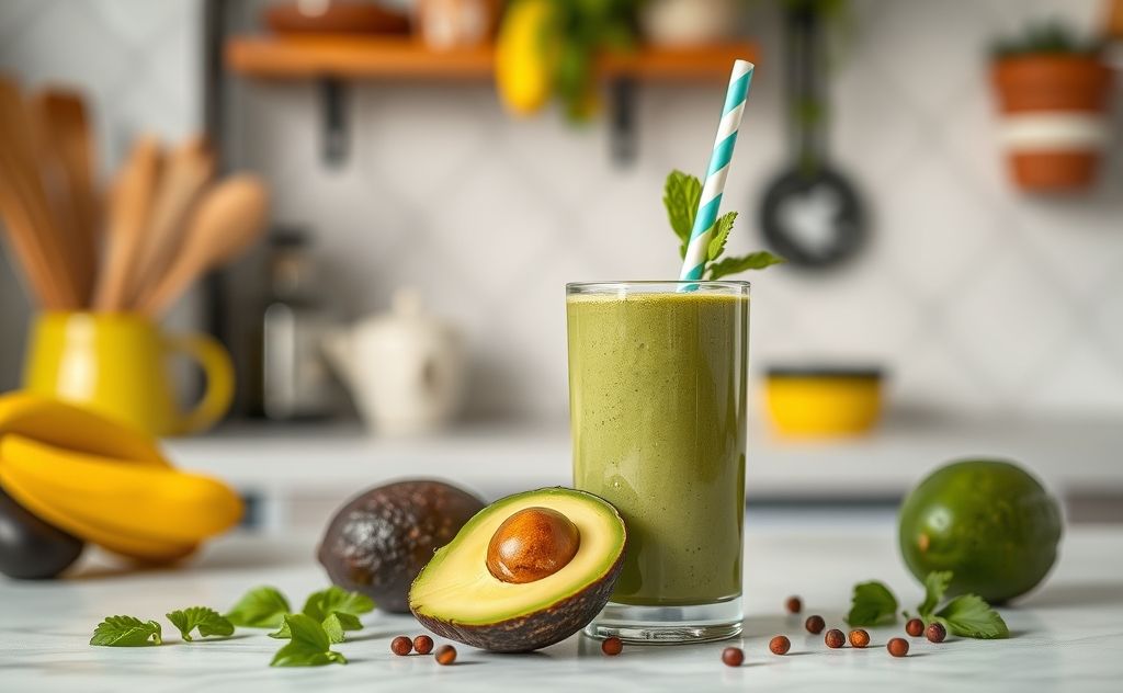 Avocado smoothie in a vibrant kitchen setting