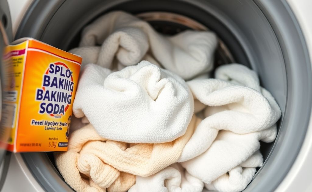 Baking soda and laundry items with mildew smell in a washing machine.