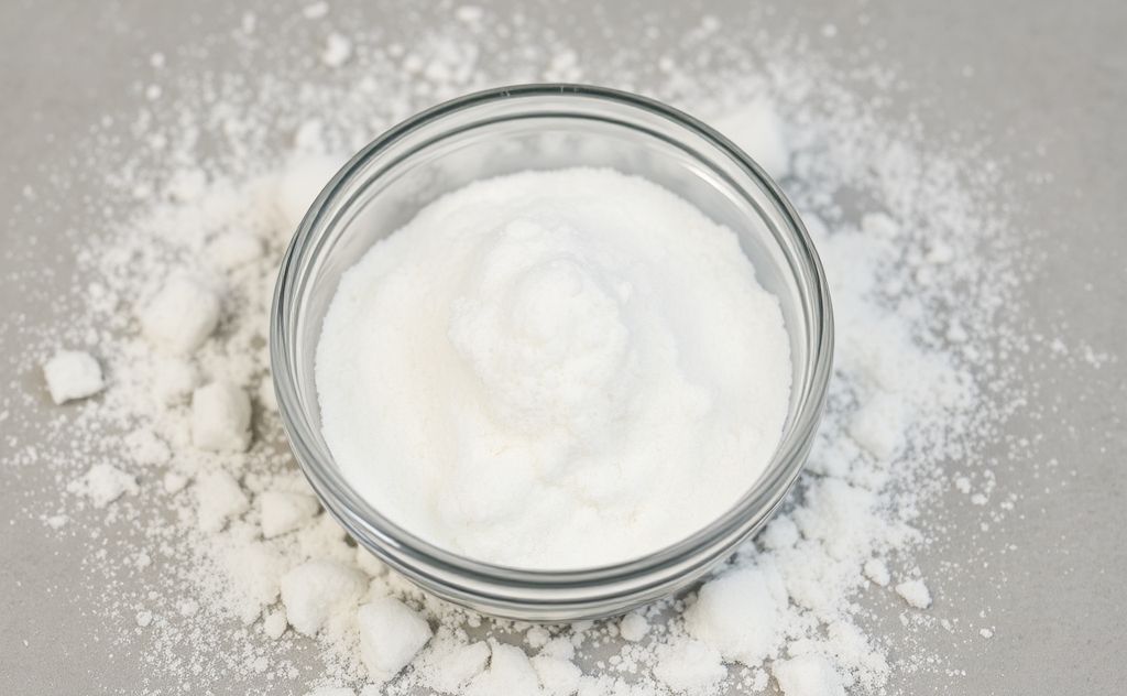 Baking soda in a bowl with a sprinkle of dust and allergens around it