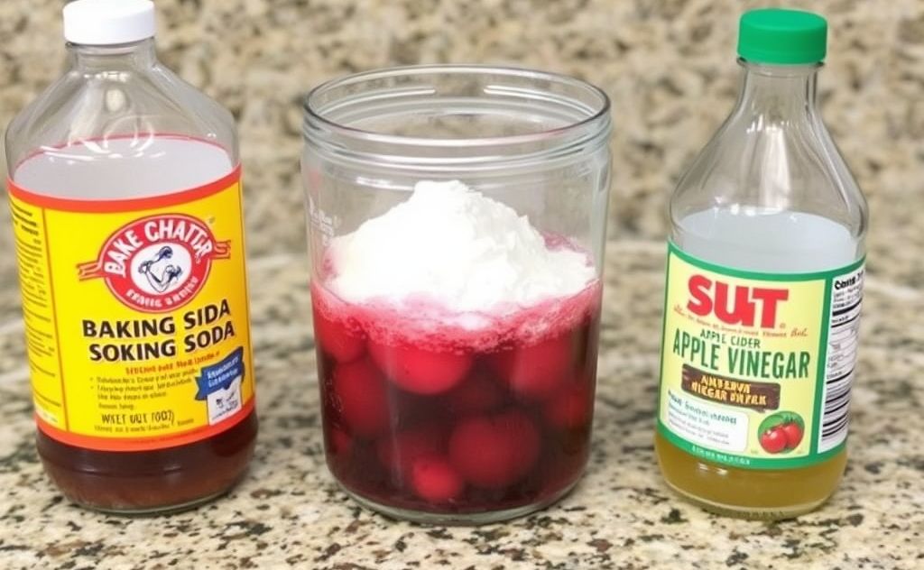 Baking soda, cranberry juice, and apple cider vinegar mix.