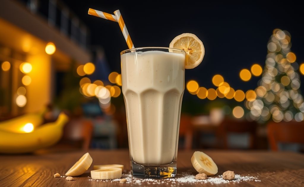 Banana milkshake in a cozy nighttime setting
