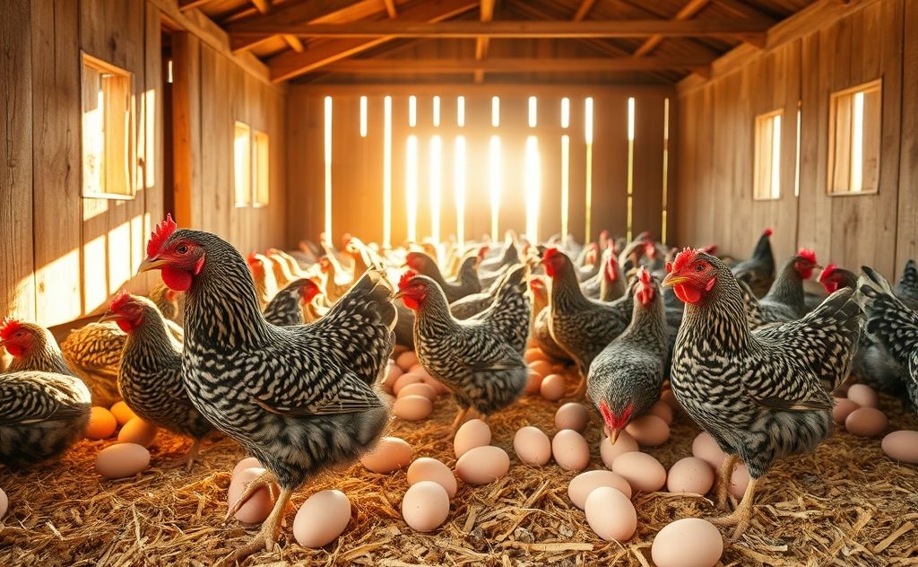 Barred Rock chickens laying eggs in a sunny coop