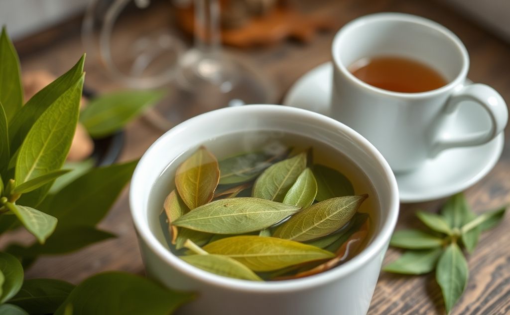 Bay leaves steeping in hot water with a cup nearby