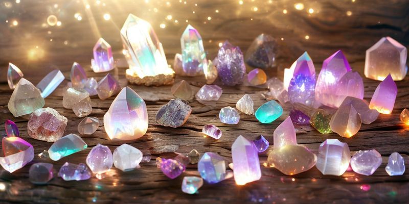 Çeşitli şifa kristallerinin doğal ahşap yüzeyde düzenlenmiş koleksiyonu, yumuşak, ruhani bir ışıkla parlıyor.