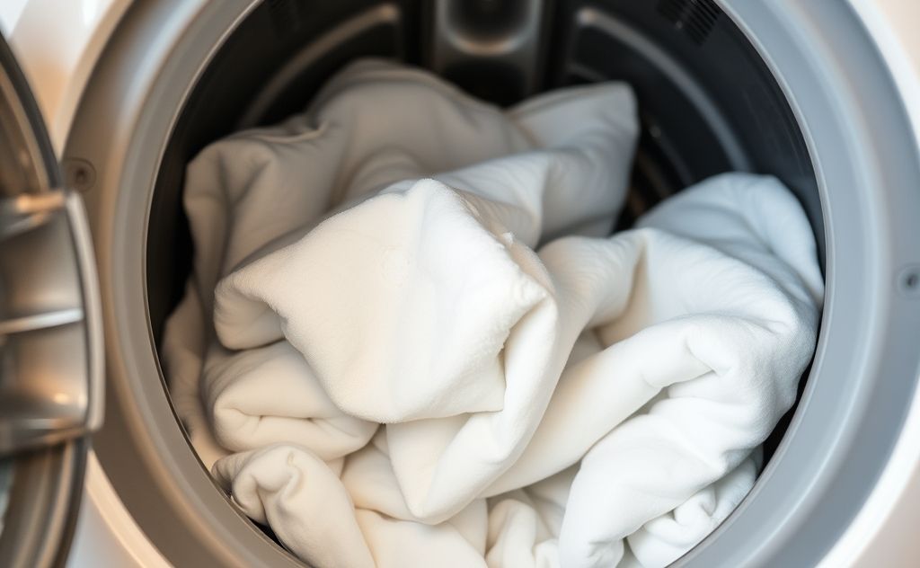 Bedding being washed in a washing machine with soap and water.