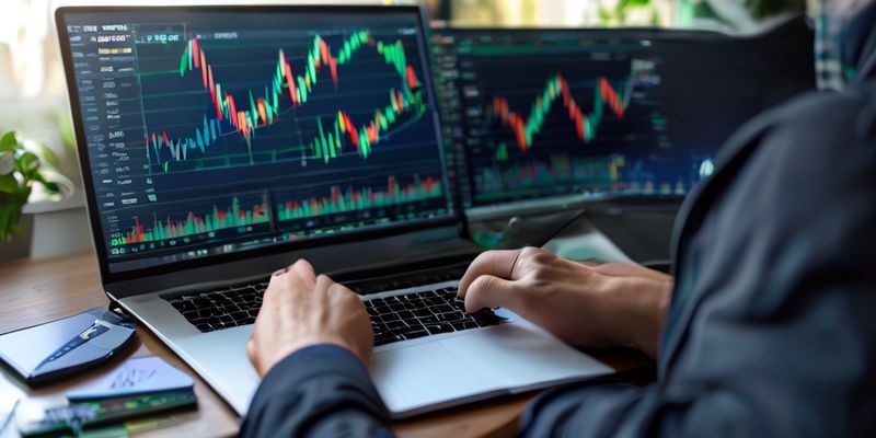A beginner trader studying Forex charts on a laptop with a notepad, symbolizing the learning process of currency trading.