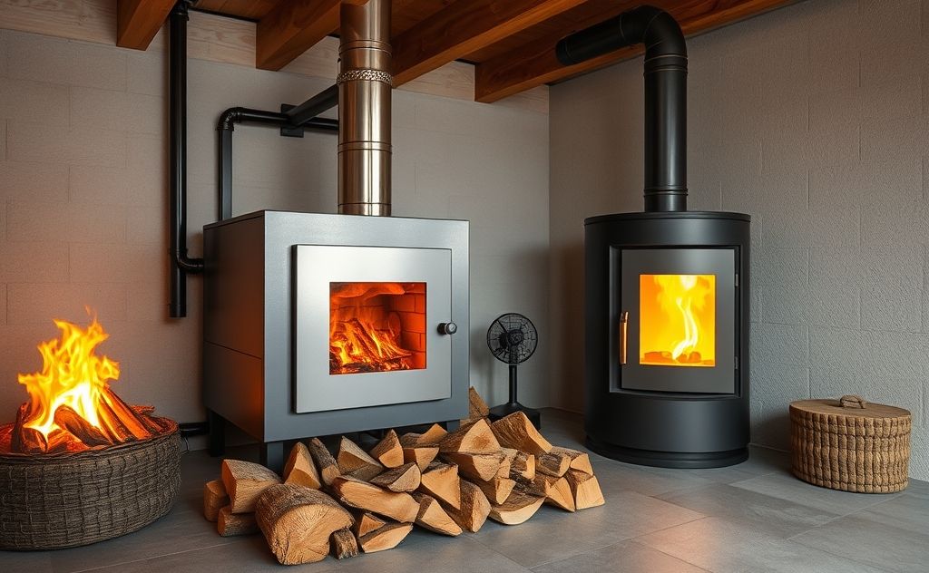 Biomass heating system with wood and flames