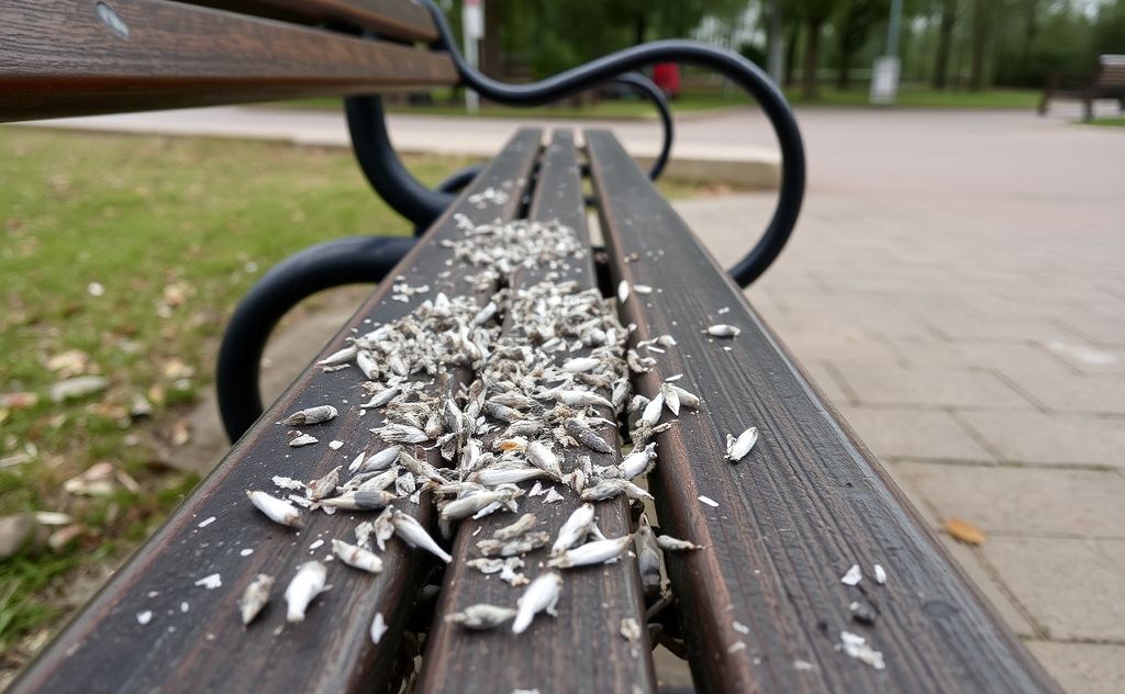 Bird droppings on a park bench with a warning sign nearby.
