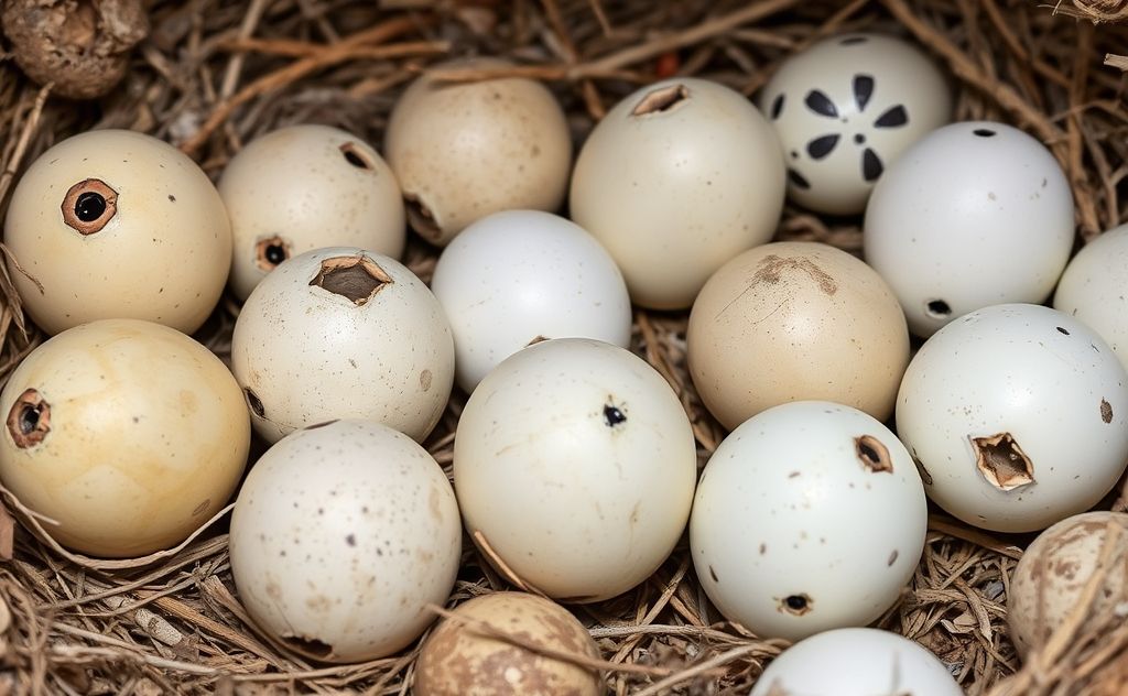 Bird eggs of various species in a natural setting during incubation.