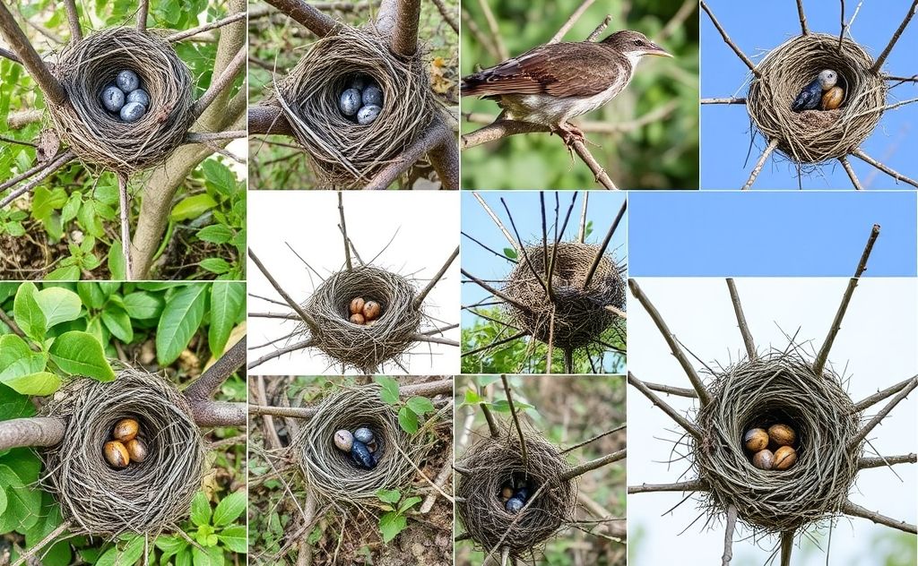 Bird nests in various habitats showing signs of destruction.