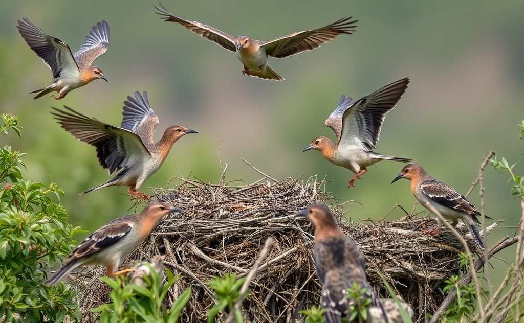 Birds defending their nests from predators in various environments.